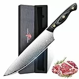 Purple Dragon Damast Kochmesser 20cm - Scharfes Küchenmesser mit VG10 Kernen - Kochmesser mit ergonomischem Holzgriff für Gemüse, Obst und Fleisch –Geschenk für Männer und Frauen
