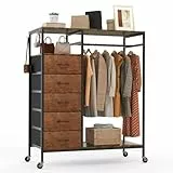 HOKEEPER Kleiderständer,Offener Kleiderschrank,Kleiderständer auf Rollen,Kleiderstange,Fahrbarer Kleiderständer mit Schubladen,Clothes rack, Haken,Braun