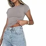 Damen Bauchfrei T-Shirt | Frauen Basic Kurzarm Crop Top | Y2K Casual Slim Fit Rundhalsshirt | Mode Trend Rosa/Blau/Braun | Damen legeres Oberteil(Hellgrau-012,S)