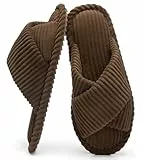 GOEWY Damen Hausschuhe mit Memory Foam Kordstoff-Wohnschuhe fürs Schlafzimmer, offener Zehen, Querriemen-Schleife, rutschfeste Sohle. Bequeme Trend-Slide als stylisches Geschenk.（Braun 38/39）