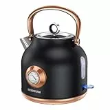 NESSGRAIM Retro-Wasserkocher, 1,7 l Edelstahl-Teekessel mit Großer Temperaturanzeige, 2200W Schnell Aufheizender Heißwasserboiler mit LED-Indikator (schwarz)
