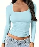 OYIGELZ Langarmshirt Damen Top Einfarbig Quadratischer Ausschnitt Tshirt Langarm Pullover Casual Elegant Basics Oberteile(Himmelblau-U1,S)