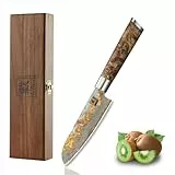 zayiko MysticMagma Damastmesser Santoku klein I 12 cm Klinge aus 67 Lagen Damaststahl mit Kupfer & Bronze sowie Ahornwurzelholzgriff I Handgeschmiedetes Santoku Küchenmesser in Holzbox