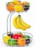 Bomclap Obstkorb mit Bananenhalter - 2 Stöckig Obstschale aus Metall - Küche Stehend Moderne Obstschalen - Dekorativer Gemüsekorb Obstschale - Silber