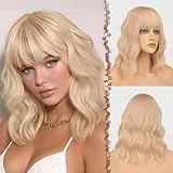 FESHFEN Wellig Bob Perücke mit Pony - 35cm Helllblond Wellen Schulterlänge Perücken für Damen Frauen Synthetik Kunsthaar Haarperücke für Alltag Karneval Fasching