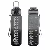 NAVTUE Trinkflasche, 500ml Wasserflasche BPA-frei, Zeitmarkierungen, Auslaufsicher Sport trinkflasche für Fitness, Radfahren, Büro, Laufen, Fitnessstudio, Yoga (Tiefschwarzgrau Schnelltrink 500ml)