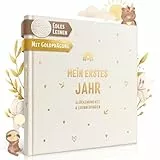 EULENTALER® Babytagebuch - Mein erstes Jahr I Echtes Leinencover mit Goldprägung I Von Pädagogen gestaltet I Handgemalten süßen Illustrationen im Boho Stil I 21x21 cm I Babyalbum