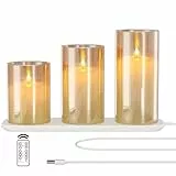 EXTSUD LED Flammenlose Kerzen Flackern mit Ladestation und Fernbedienung,3er Set Led Kerzen aus Glas Wiederaufladbare Flamme Kerzenlicht mit timerfunktion Romantische Valentinstag Deko Wohnzimmer Gelb