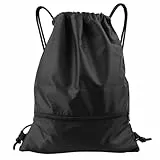 Bubuny Turnbeutel Sportbeutel Drawstring Gym Bag Rucksack mit Reißverschluß Verstellbar Gymsack für Damen Herren mit Innentasche für Sport und Reisen, Schwarz
