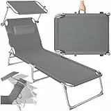 tectake® Sonnenliege mit Dach, Strandliege klappbar, leichte Gartenliege, Outdoor Liegestuhl mit Verstellbarer Rückenlehne, inkl. Kopfkissen - ideal für Balkon, Terrasse, Camping, Strand - grau