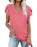 PLOKNRD Damen Tops V-Ausschnitt Blütenblatt Ärmel T-Shirt Sommer Freizeit Kurzen Ärmeln Strand Oberteile(rot,L)