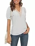 Frauen Sommer Tops 2024 Trendy Casual Puff Sleeve V-Ausschnitt T-Shirts Nette Sexy Spitze Trim T Shirts Kurzarm