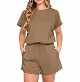 IWOLLENCE Hausanzug Damen Zweiteiler Sport Set Loungewear Damen Tracksuit mit Elastischem Bund und Taschen (Dunkel-Khaki, M)