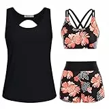JASAMBAC Tankini GroßE GrößEn,Badeanzug Damen Bauchweg.3-Teiliger Bikini Damen Set,Push-Up-Bikinioberteil Und High Waist Badeshorts, Einfache Badebekleidung, Sport-BadeanzüGe