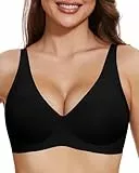 OXYIBRAS Glatter V-Jelly-BHs für Damen, ohne Bügel, nahtlos, tiefer Bralette, T-Shirt, Schlaf, Alltags-BH mit BH-Verlängerung, Tiefer V-Ausschnitt/bezauberndes Schwarz, L