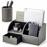 Vlando Schreibtisch Organizer Leder mit Schublade, Organizer schreibtisch Edel, Stiftehalter Organizer, Büro Organizer für Tablet PC, Fernbedienungshalter Geschenk zum Vatertag Männertag