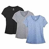 icyzone Damen Sport Fitness T-Shirt Kurzarm V-Ausschnitt Laufshirt Shortsleeve Yoga Top 3er Pack (L, Black/Granite/Blue/)