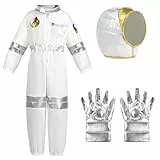 Aomig Astronaut Kostüm kinder 3Pcs Weiß Astronautenkostüm Kind Unisex Astronautenoverall Astronauten Helm Silberne Handschuhe Weltall Kostüm für Mädchen und Jungen Raumfahrer Spaceman Kostüm Outfit(S)