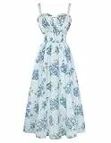 SCARLET DARKNESS Damen Sommerkleid Lang Ärmellos Blumendruck Chiffonkleid Spaghettiträger Strandkleid mit Taschen Hellblau Blumen L