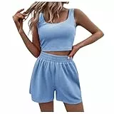 Zweiteiler Damen Mit Hose Sommer, Zweiteiler Damen Sommer Outfits 2 Teiler Set Crop Tank Top + Shorts Hosenanzug Sport Outfit Loungewear Y2k Sportanzug Gym Anzug Sportset Für Teenager Mädchen Blau M