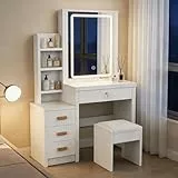 Oyajia Schminktisch Weiß, Kosmetiktisch mit Spiegel & Hocker, Frisierkommode mit LED-Beleuchtung Set, Frisiertisch mit 4 Schubladen, Schlafzimmermöbel Vanity Set, 135 * 80 * 36cm