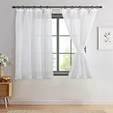 DWCN Voile Vorhänge mit Kräuselband Leinenoptik 2 Stücke Halbtransparent Vorhänge für Wohnzimmer, Durchsichtige Gardinen Kurz, Weiß, 145x140cm (Höhe x Breite)