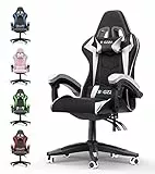 bigzzia Gaming Stuhl Ergonomisch Gaming Chair mit Lendenkissen und Kopfstütze, Gamer Stuhl Höhenverstellbar, Pc Stuhl für Erwachsene Mädchen Junge, Schwarz-weiß