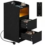 IRONCK Nachttisch Schmal, Beistelltisch mit Ladestation und LED, Bedside Table mit Offenem Fach, für Schmale Räume Schlafzimmer, Wohnzimmer, Schwarz