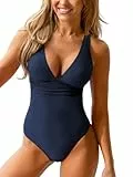 CUPSHE Damen Badeanzug V Auschnitt Raffung Twist hinten Gerippte Textur Figurformend Einteilige Bademode Swimsuit Marineblau M