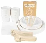 Anstore 200 Stück Pappteller Set Partygeschirr Kompostierbar Ökologisch Einweggeschirr, Umweltfreundlich Pappteller Kindergeburtstag für 25 Gäste, Pappgeschirr Set mit Teller, Holzbesteck, Trinkbecher