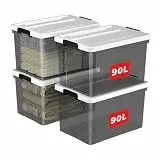 Cetomo 90L*4 Aufbewahrungsboxen, Aufbewahrungsbox mit Deckel, Organizer-Behälter mit Clips, Stapelbar, Ineinander Nestbar, für Zuhause und Büro, Kunststoff, Transparent schwarz, 90L-4er Pack