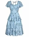 Belle Poque Damen Kleid mit quadratischem Ausschnitt und Rüschen, 2025, Sommer, Vintage, kurzärmelig, mehrlagig, A-Linie, Swing-Midikleid, Blau-schwarzes Blumenmuster, Groß