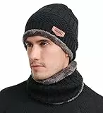 Kuyou Schal Beanie Mütze Herren Winter Hat Schlauchschal Geschenk Set (Schwarz)