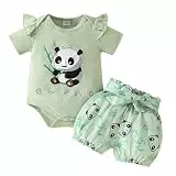 JiAmy Neugeborene Outfit Set 3tlg, Baby Mädchen Rüschen Spitze Strampler mit Tier Gedruckt Bodysuit Kurze Hose mit Stirnband für 6-9 Monate hellgrün