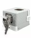 lionto Katzentoilette mit Schublade & Schaufel, 50,5x40,8x37 cm, Katzenklo mit 2 Ausgängen & auslaufsicherem Boden, für Katzen bis 15 kg, faltbar, langlebiges PP-Material, weiß-grau