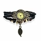 JewelryWe Damen Armbanduhr, Retro geflochten Leder Armband Armreif Armkette Uhr mit Baum Blatt Anhänger, Schwarz