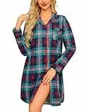 ENJOYNIGHT Damen Flanell Nachthemd Langarm Schlafshirt Knopfleiste Nachtwäsche Kurz S-XXL(Large,Blau+Grün+Rot)