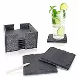Amazy Schiefer Untersetzer Set (8 Stück) inkl. Kreidestift – Dekorative Glasuntersetzer aus 100% Natur Schieferplatten mit praktischem Halter aus Filz – Tolle Geschenkidee (eckig | 10x10 cm)