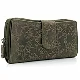 ekavale Damen Portemonnaie XL aus Echtleder mit RFID-Schutz | Große Geldbörse & Geldbeutel mit Blumenmotiv | Elegante Brieftasche für Alltag & Reise (Grün)