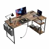 BEXEVUE Gaming Computertisch L-Form, 100 x 70 cm, platzsparender Schreibtisch mit Steckdosen und Seitentaschen, für Büro und Homeoffice, einfach zu montieren, Braun
