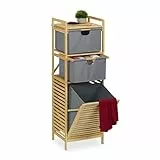 Relaxdays Wäschekorb, kippbarer Wäschesammler, 30 l, Ablage & 2 Schubladen, Bambus, Stoff, HBT: 120x40x33 cm, Natur/grau
