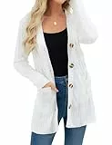 Aottori Strickjacke Damen Lang Elegant Cardigan Langarm Grobstrick Strickcardigan mit Knöpfen und Taschen Weiß L