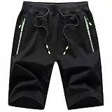 JustSun Kurze Hosen Herren Shorts Sommer Kurze Jogginghose Baumwolle Sweat Sport Shorts mit Reißverschluss Schwarz L