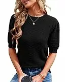 Runcati Damen Kurzarm Strickpullover Casual Rundhals Puffärmel Elegante Einfarbige Sweateshirt Pullover,Schwarz,S