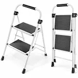 KINGRACK 2 Stufen Leiter, Trittleiter mit Handläufen, Stufenleiter, Klappleiter Tritthocker, Klapptritthocker für Erwachsene mit Griff, Haushaltsleiter Anti-Rutsch-stabilem und breitem Pedal, weiß
