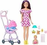 Barbie Skipper Babysitters Inc. Spielset mit brünetter Puppe, Blonder Babypuppe, Kinderwagen mit abnehmbarem Autositz und 7 Zubehörteilen, JJB42