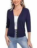 Sykooria Strickjacke Damen Offene Leichte Cardigan 3/4 Ärmel Bolero Jäckchen Festlich Sommer Open Front Kurzjacke Stricken Bolerojacke,Dunkelblau S