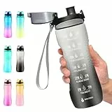 Binudum Trinkflasche Motivations Wasserflasche mit Zeitmarkierung, Sport Tritan BPA freie auslaufsichere Wasserflasche für Jugendliche, Erwachsene, Fitnessstudio (Grau Schwarz, 25oz/750ml)