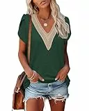 PLOKNRD Damen T-Shirt Elegant Spitze V-Ausschnitt Oberteile Blütenblatt Ärmel Kurzarm Bluse Sommer Locker Tops M Waldgrün