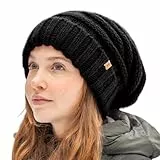 TOP-EX M/L/XL 100% Wolle Slouch Beanie Damen Warm Wintermütze Strickmuetze mit Fleecefutter Schwarz